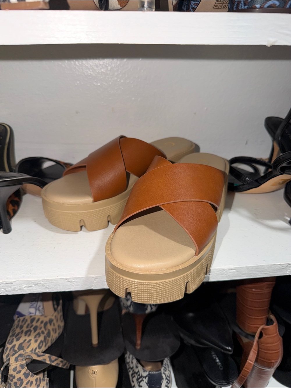 Cato Brown/Tan Crisscross Platform Slide Sandals